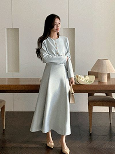 アトランス トゥイードフレアワンピース ロング丈 ボタンディテール 結婚式お呼ばれドレス 国内製作 画像 2