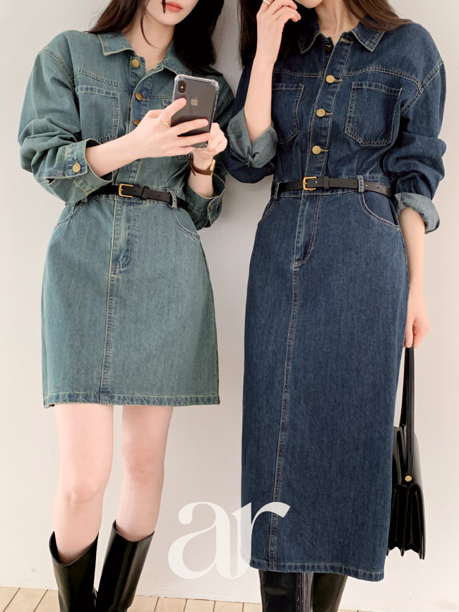 アトランス ジャネット 2WAY デニムワンピース 半袖 ベルト付き 2丈展開