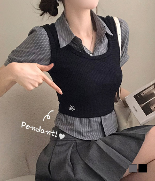 配色刺繍 ニットビスチェ一体型 ストライプ半袖シャツ スクールルック