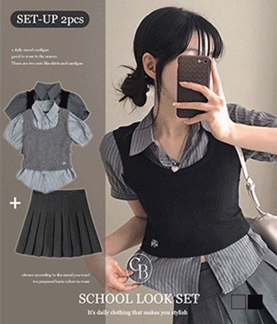 配色刺繍 ニットビスチェ一体型 ストライプ半袖シャツ スクールルック 画像 2