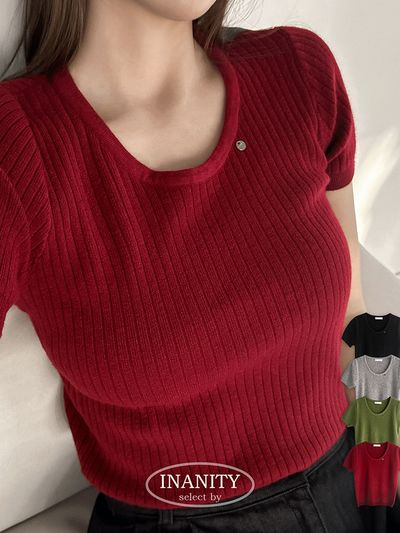 イナーニティ ラウンドネック半袖ニット ミニペンダント付き リブ編み 3カラー 画像 2