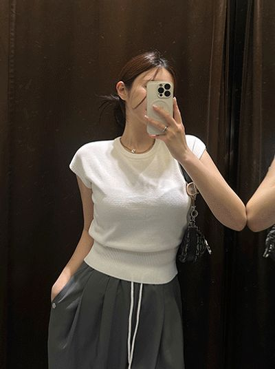夏 涼 キャップスリーブ ウエスト絞り ペンダント キャミソール 半袖 ニット 画像 1