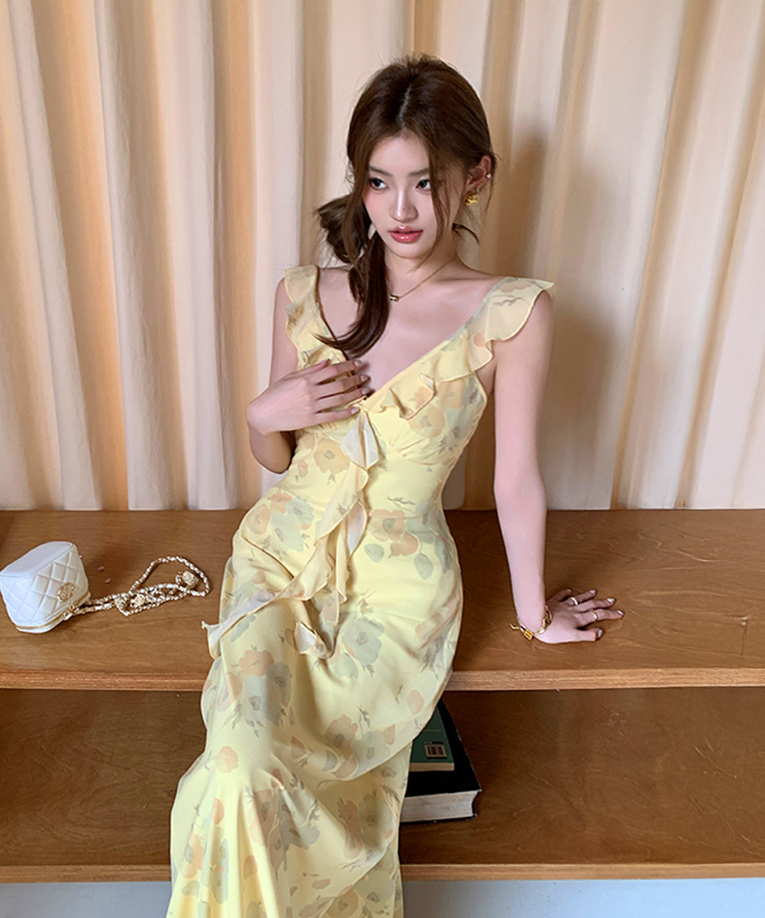 ロストチェリー ミモザフリルラッフル花柄プリントVネックノースリーブロングワンピース 画像 6