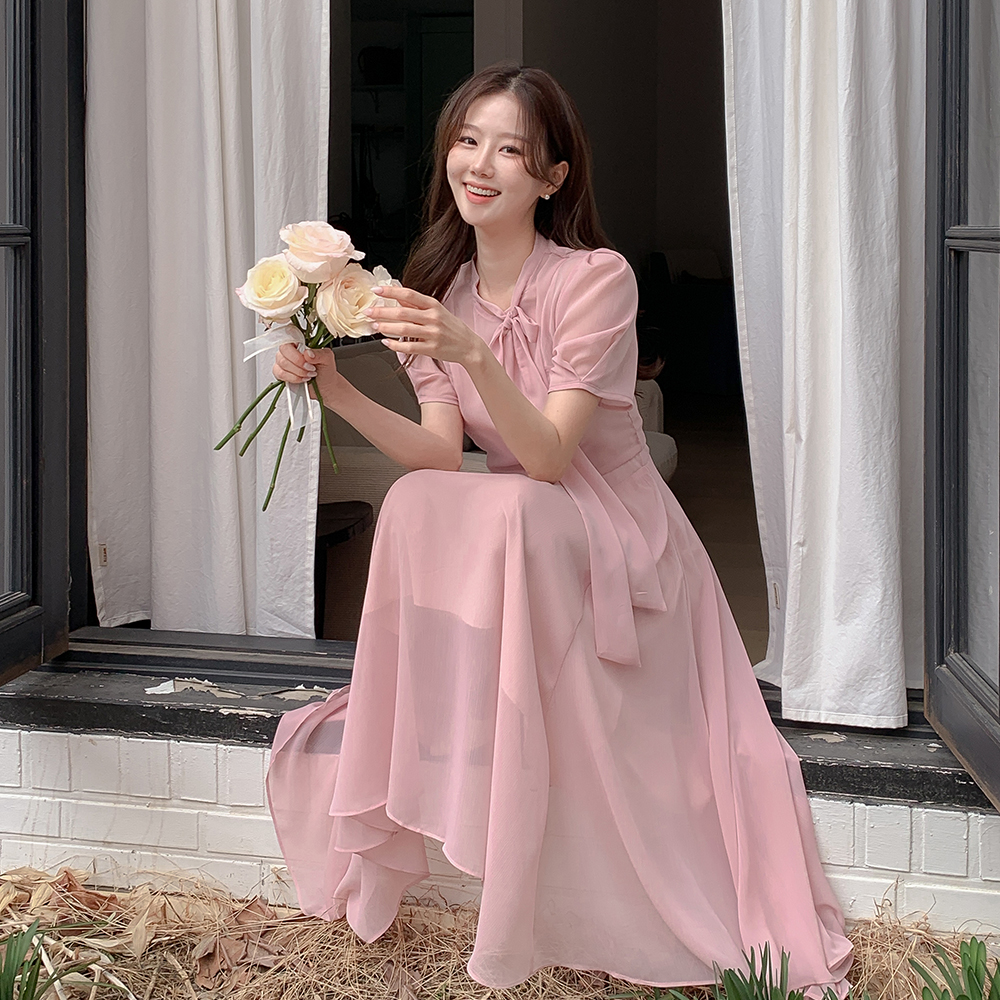 ロエリン ラウンドタイ フレア パフ 半袖 シフォン ロングワンピース 画像 4