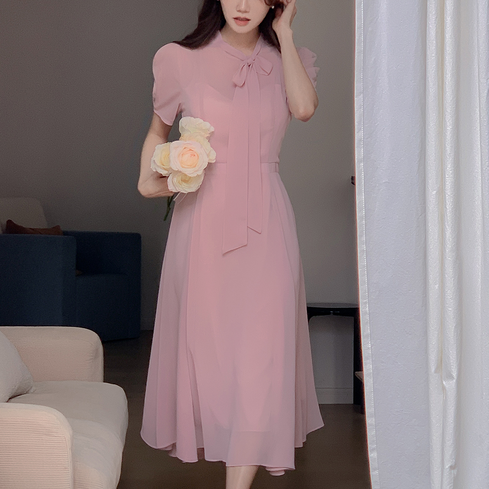 ロエリン ラウンドタイ フレア パフ 半袖 シフォン ロングワンピース 画像 6