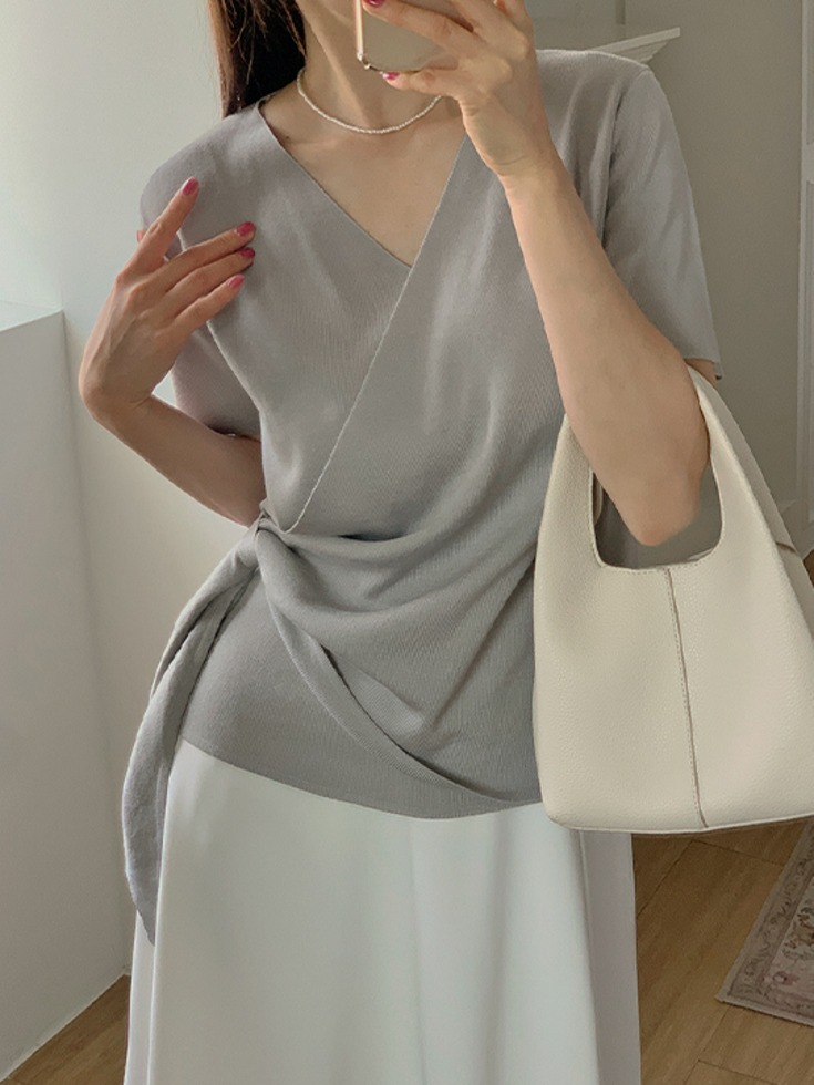 LILY&CO デイルブ Vネック ラップスタイル 半袖ニット 44-120サイズ レディース 夏用