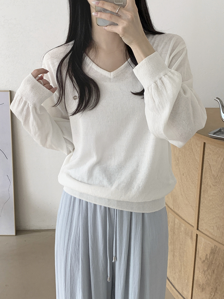 ユラタイム サマーリネン Vネックリブニット 長袖 薄手 春夏ニット レディース 画像 3