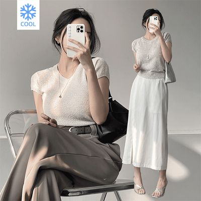 ガナダラン アメイ リネンブークレVネックニット 半袖サマーニット 6カラー 画像 2