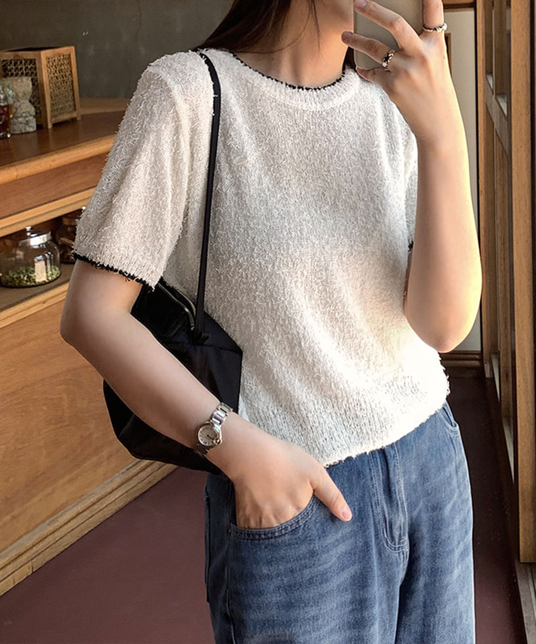 ローレンハイ ウプ 配色ラウンドネック半袖ニット 3カラー展開 S/M/Lサイズ 画像 5