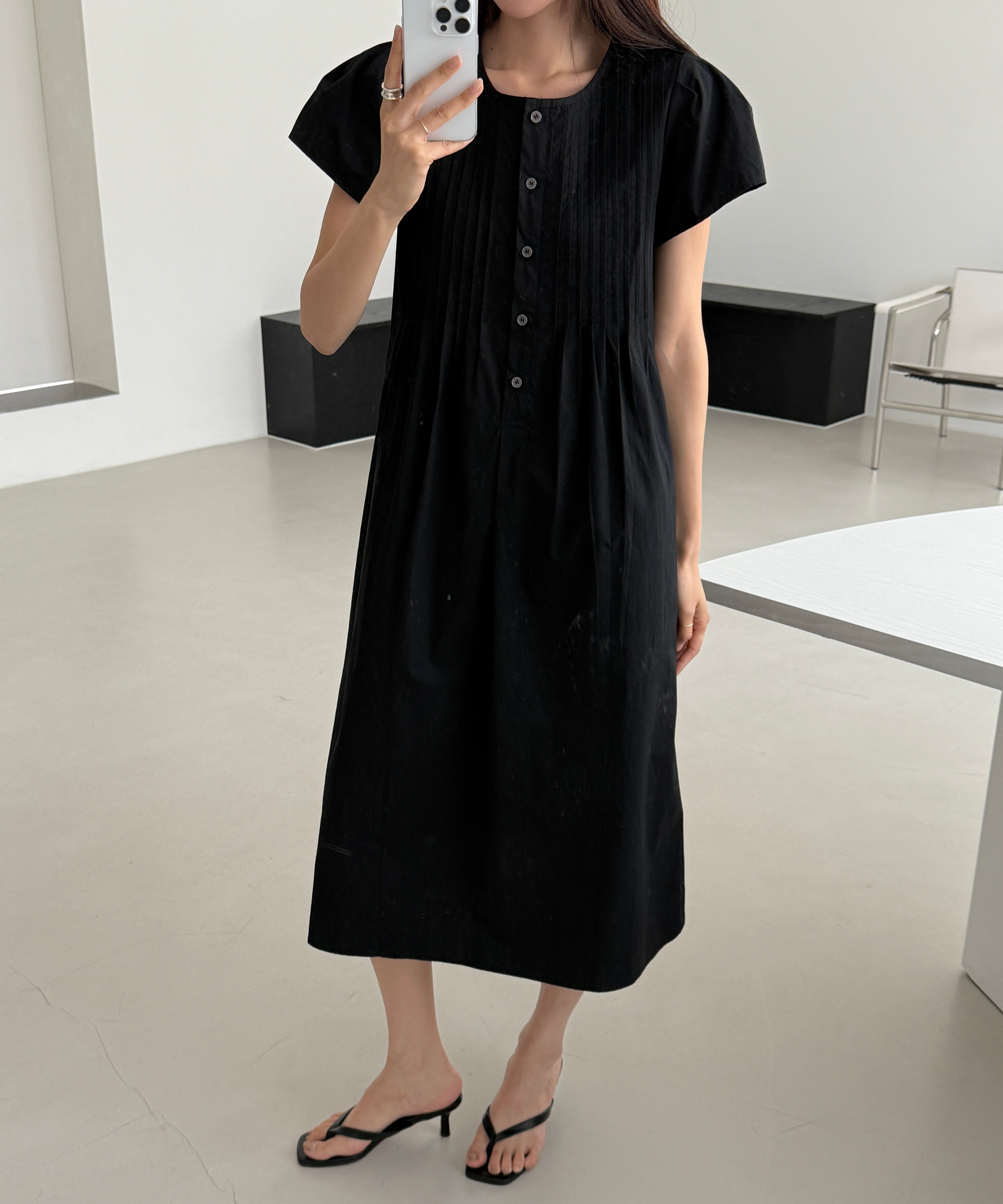 フレンチーズ ロングワンピース ピンタック バルーンスリーブ ボタンデザイン 3カラー展開