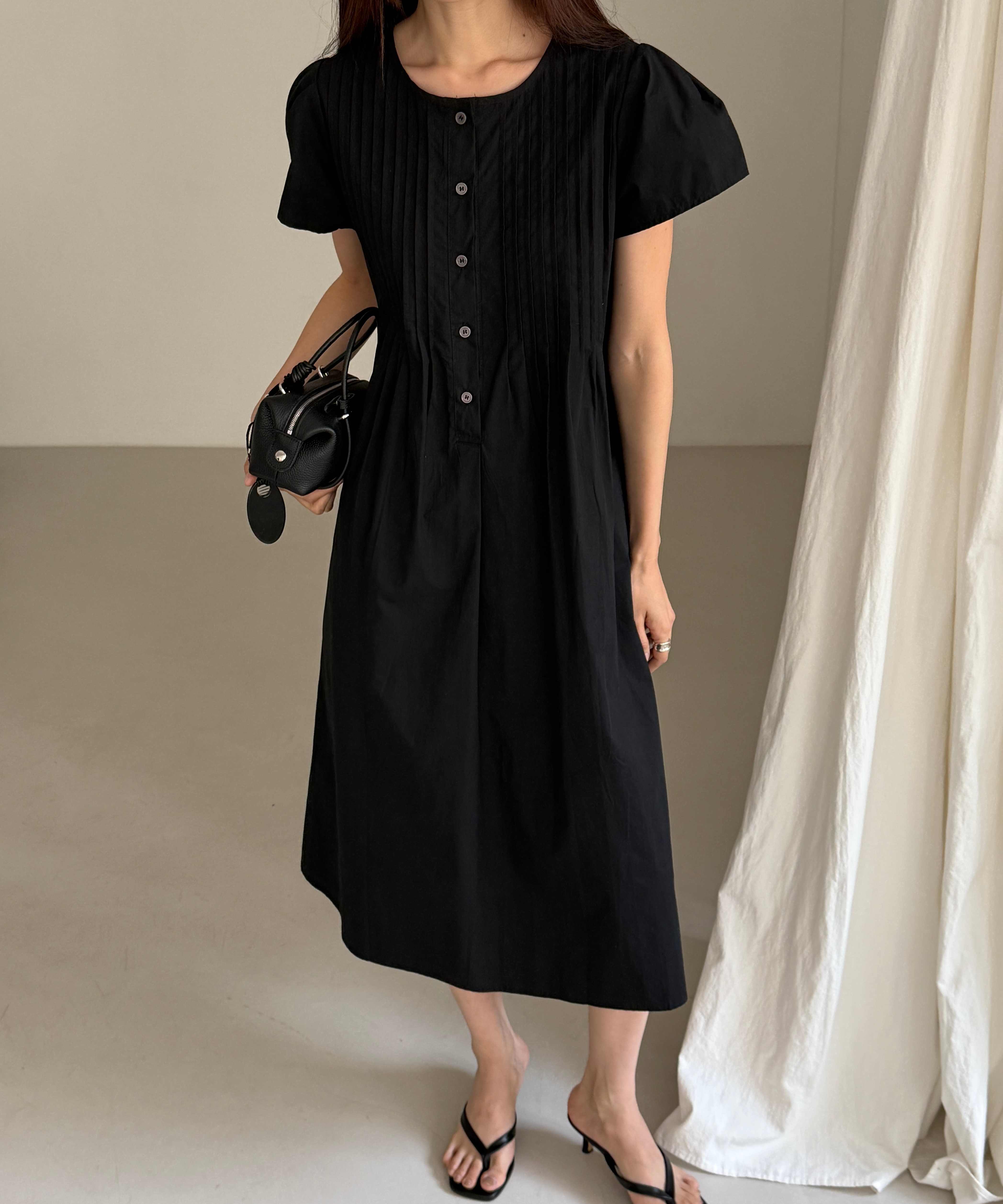 フレンチーズ ロングワンピース ピンタック バルーンスリーブ ボタンデザイン 3カラー展開 画像 6