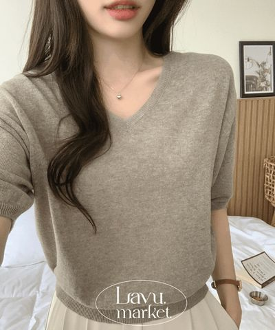 ラビューマーケット マニラ イタリアンコットン Vネック5分袖ニット セミクロップ ルーズフィット 画像 1