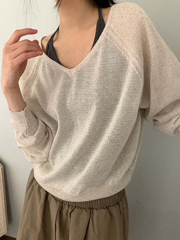 ナイニ メロポ 華奢見えリネンVネックニット 長袖 レディース 夏 画像 3
