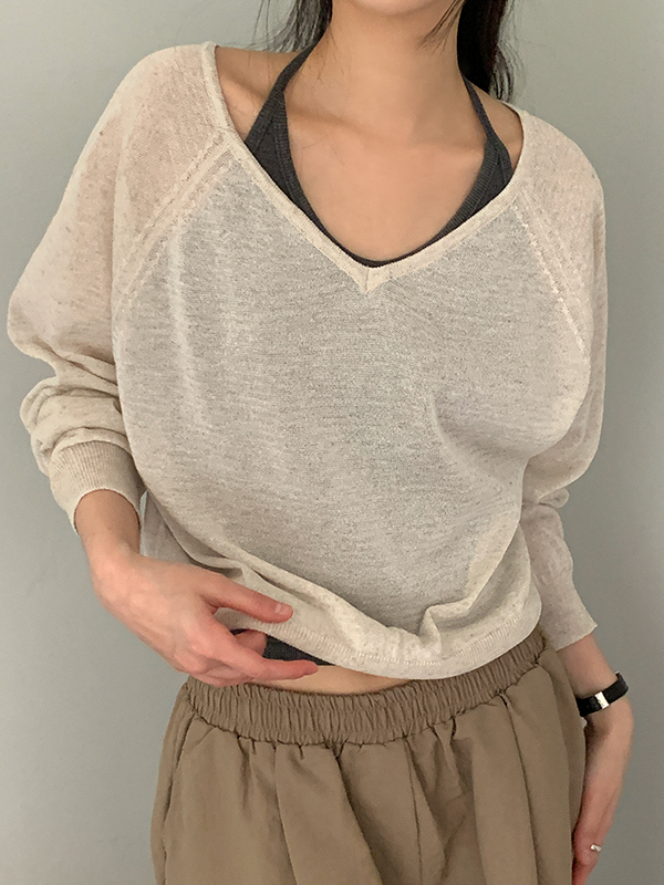 ナイニ メロポ 華奢見えリネンVネックニット 長袖 レディース 夏 画像 4