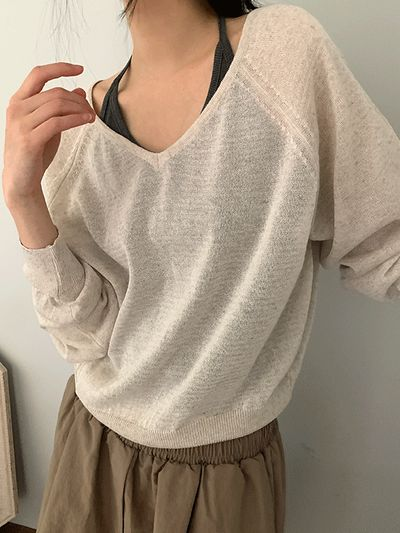 ナイニ メロポ 華奢見えリネンVネックニット 長袖 レディース 夏 画像 2