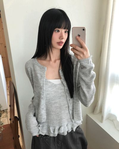 ワンダーワンダー レゾン パンチング フリル 長袖ニット キャミソール カーディガン セット 画像 2