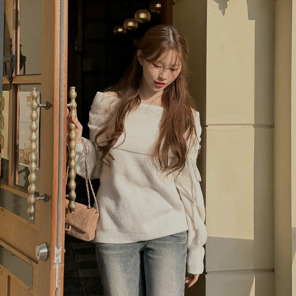 EBLIN by J.STYLE ラトニング オフショルダー レースアップニット 大きいサイズ対応
