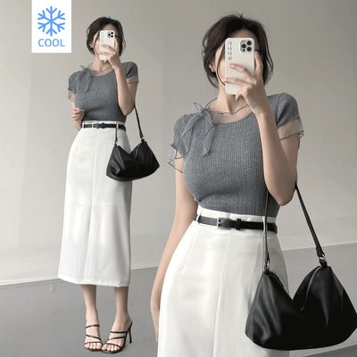 ガナダラン レイスレイヤードニット ラウンドネック 長袖 リブ編み スリムフィット 3カラー 画像 2