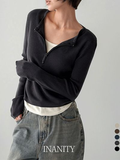 イナニティ ハーフジップカラー シャーリングレイヤード ニットTシャツ 5カラー 画像 2