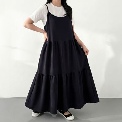 マタニティワンピース ロング丈 ビスチェ キャンキャンシャーリング 大きいサイズ ノースリーブ 四方ストレッチ 画像 2