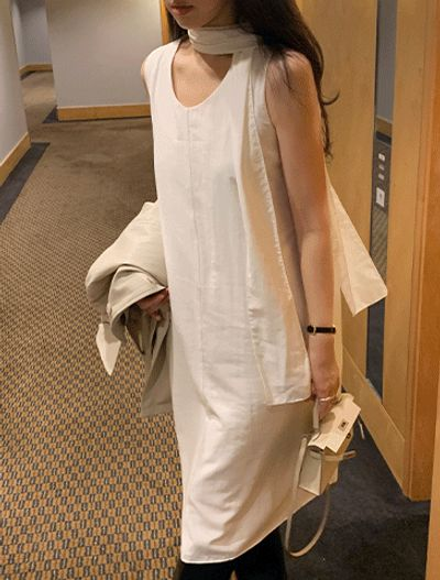 ベニート レイフル ロング ラウンドワンピース マフラーセット ノースリーブ 春夏秋 通勤 デート フォーマル 画像 2