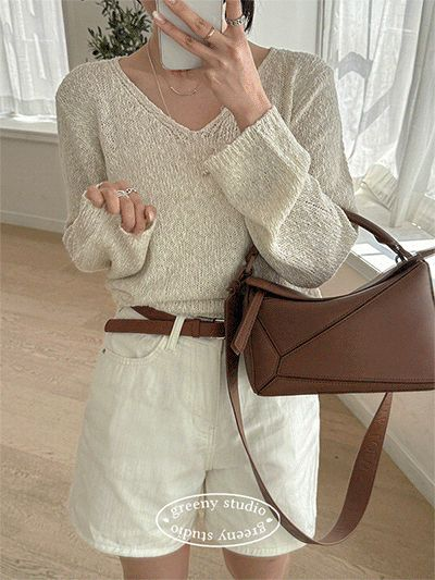 グリニスタジオ ポニー Vネック ブークレリネン ニット 6色展開 ルーズフィット 長袖 クーリング 夏ニット 画像 2