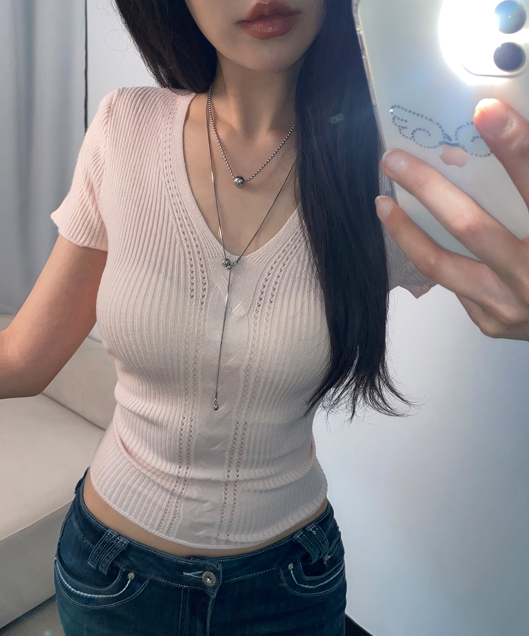 ブーティスリムVネックパンチングリブ半袖ニット 画像 5