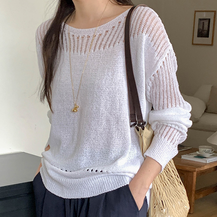 COCOBLANC WAIDY シースルー ルーズフィット ロングスリーブニット 夏 リゾートウェア 画像 4