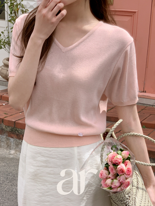 アトランス ブイネック自然貝ボタン半袖クールニット 夏用サマーニット 通勤デイリーキャンパス 画像 3