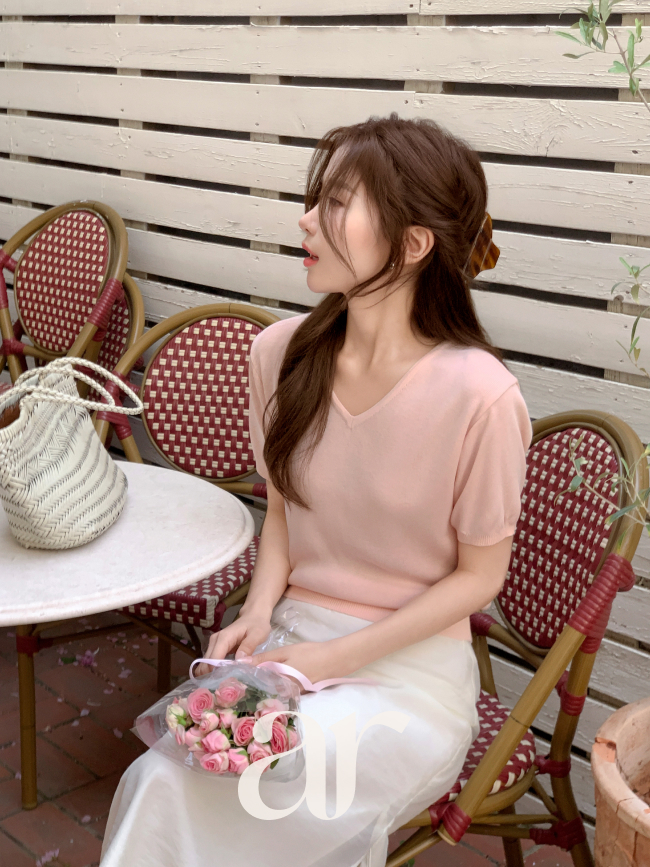 アトランス ブイネック自然貝ボタン半袖クールニット 夏用サマーニット 通勤デイリーキャンパス 画像 4