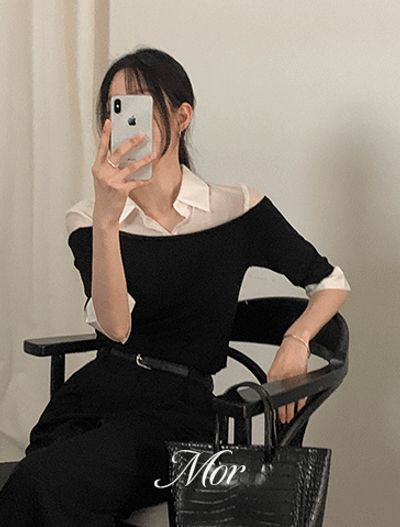 ベニート クロム シャツ配色ニット 半袖 一体型レイヤードデザイン 春夏秋 デイリー 画像 2