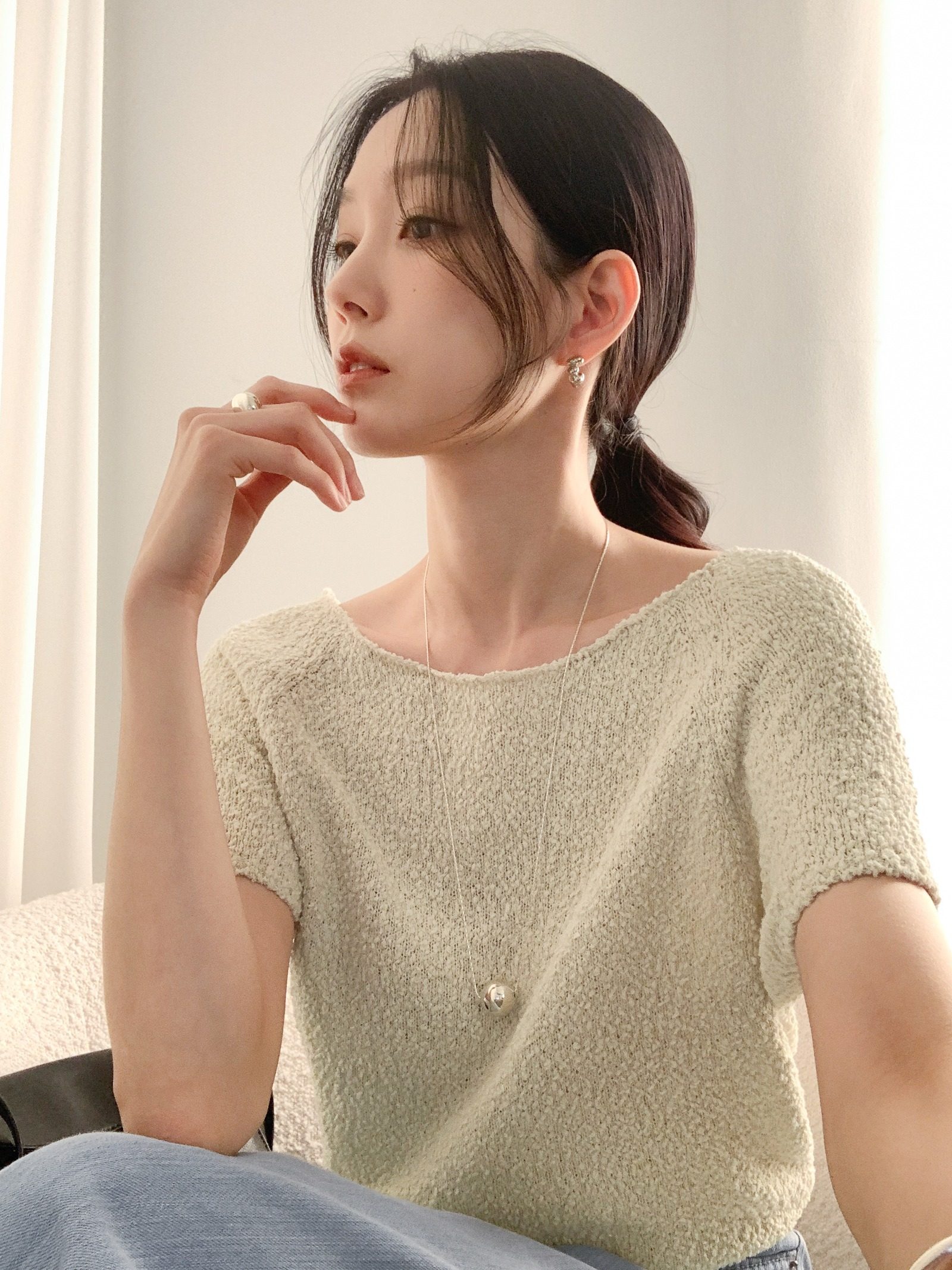 SAISYOKU BRIN ボートネック ブークレニット ライトグリーン 夏用サマーニット 画像 4
