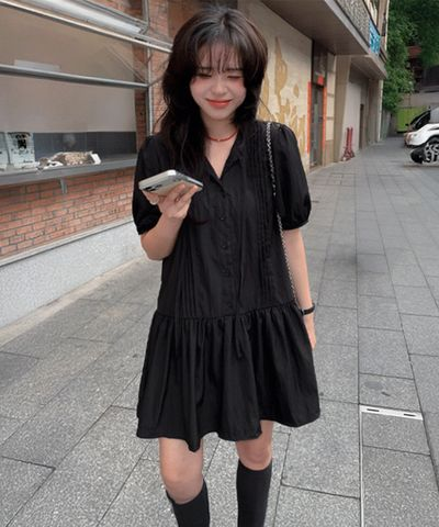 エービーグル ベリー ピンタック パフスリーブ ミニワンピース Aライン Vネック