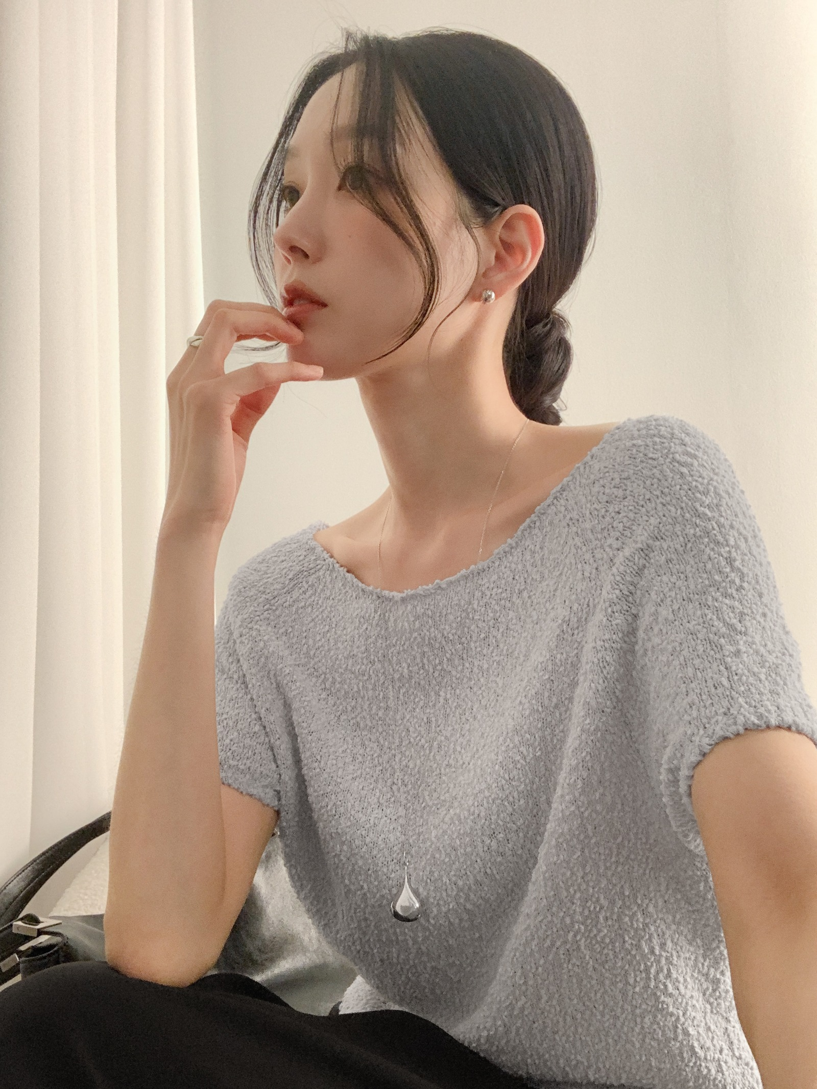 SASAEK ブリン ボートネックニット クラウドグレー ブークレ素材 サマーニット レディース 画像 8