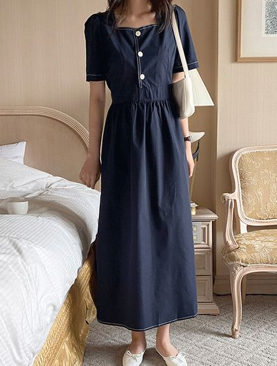 メイドジェイ スクエアネック 半袖ロングワンピース Aライン  春夏リゾート 画像 2