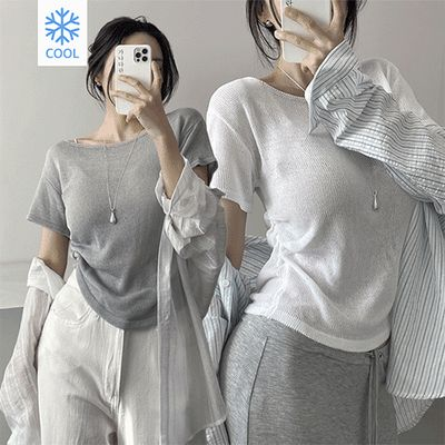 ガナダラン タイティン ボートネック ニット サイドシャーリング 半袖 セミクロップ丈 レディース 2カラー 画像 2