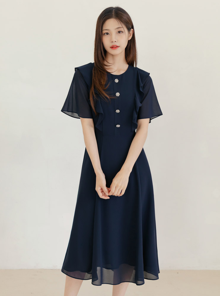 SEEKLINE セブリエル シフォン ラッフルライン ワンピース フレアシルエット