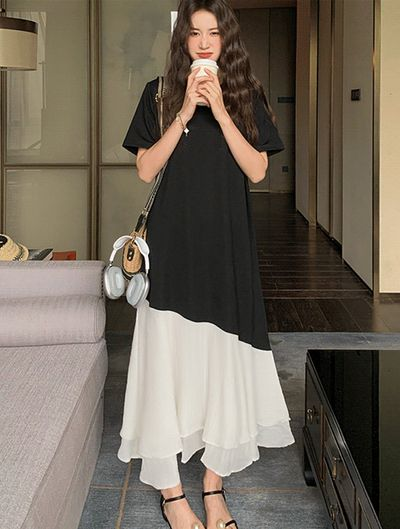 メイドジェイ  プラント斜め配色 Aライン ロングワンピース 半袖 春夏 リゾート ゲストドレス