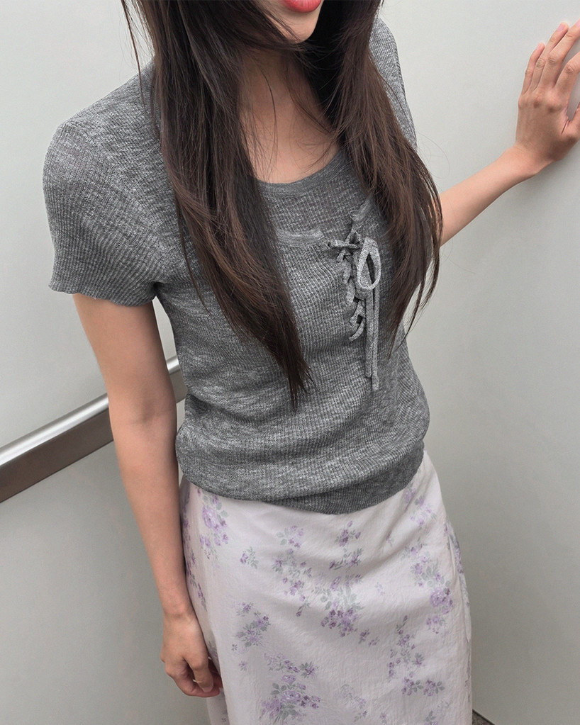 モアレン レイヤードストラップ半袖ニット トップス 画像 2