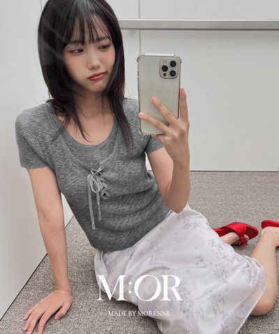 モアレン レイヤードストラップ半袖ニット トップス