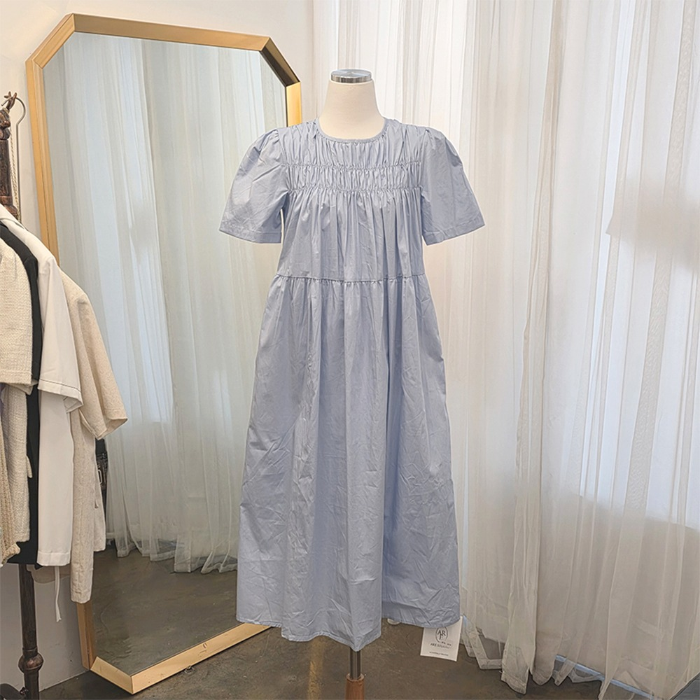 インザハロウ ロングワンピース レディース 半袖 サイドポケット スモークシャーリングバンディング 画像 1
