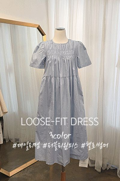 インザハロウ ロングワンピース レディース 半袖 サイドポケット スモークシャーリングバンディング 画像 2