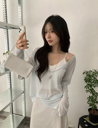 ディライトムーン ディープVネック シースルー ニットTシャツ レディース 夏 レイヤード