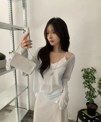 ディライトムーン ビーチ ディープVネック レイヤード ニットTシャツ 26SS シースルー 長袖 画像 2