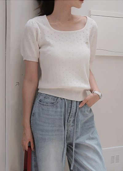 リリーアンドコー スクエアネック パンチングニット 半袖 クロシェ風 26SS 画像 2