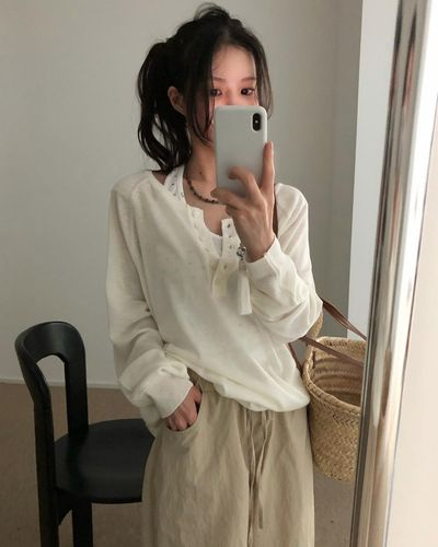 ユーインアス ダディル レディース ヘンリーネック リネンニット 長袖 シースルー オーバーフィット 夏 画像 2