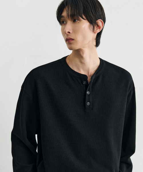 ドローフィット ヘンリーネック ワッフルTシャツ BLACK コットン素材 長袖カットソー 画像 3