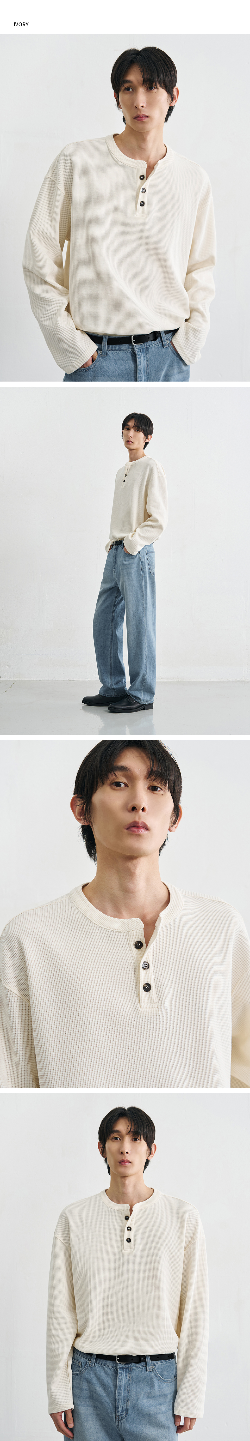 ドローフィット ヘンリーネック ワッフルTシャツ BLACK コットン素材 長袖カットソー 画像 5