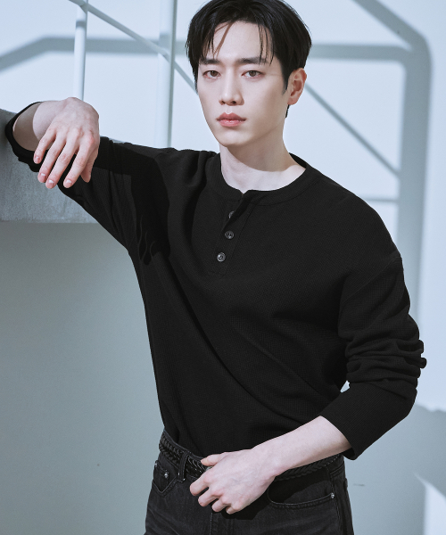 ドローフィット ヘンリーネック ワッフルTシャツ BLACK コットン素材 長袖カットソー 画像 2