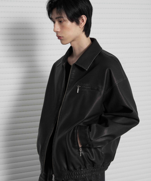 レダリー ウォッシュドレザー オーバーフィット ブルゾンジャケット WASHED BLACK 画像 3